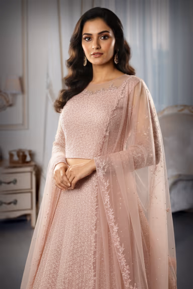 Elegant Peach-Toned Sequin-Embroidered Cape/Skirt and crop top Lehenga — view 1 of 3