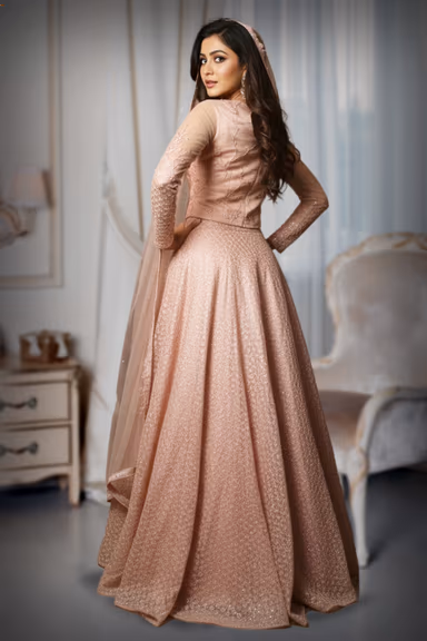 Elegant Peach-Toned Sequin-Embroidered Cape/Skirt and crop top Lehenga — view 3 of 3