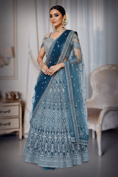 Peacock Blue Stone-Embellished Lehenga Set with Detailed Skirt Work and Cold-Shoulder Blouse — view 3 of 4