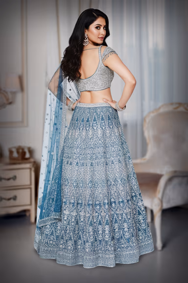 Peacock Blue Stone-Embellished Lehenga Set with Detailed Skirt Work and Cold-Shoulder Blouse — view 4 of 4