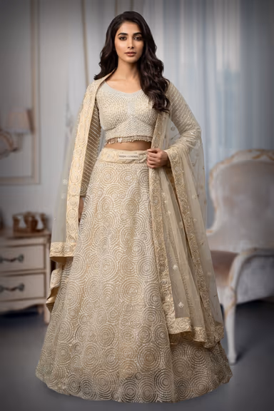 Pearl White Heavy Bridal Lehenga With Stone Work And Pearl Detaii Embellishment — view 2 of 3