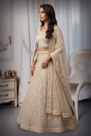 Pearl White Heavy Bridal Lehenga With Stone Work And Pearl Detaii Embellishment — view 3 of 3