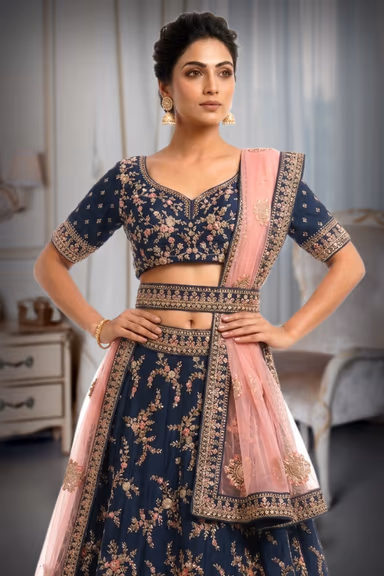 Persian Blue Georgette Outfit with Floral Zari Stone Work and Butta Dupatta — view 1 of 2