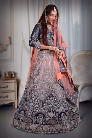 Pink & blue  combination heavy thread work lehenga — view 4 of 5