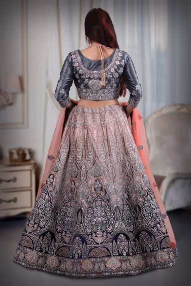 Pink & blue  combination heavy thread work lehenga — view 5 of 5