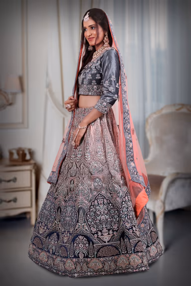 Pink & blue  combination heavy thread work lehenga — view 3 of 5