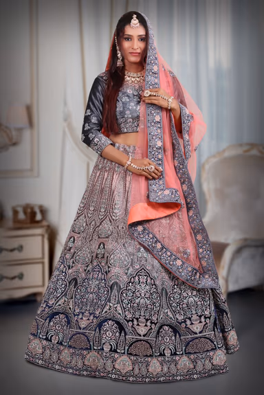 Pink & blue  combination heavy thread work lehenga — view 2 of 5