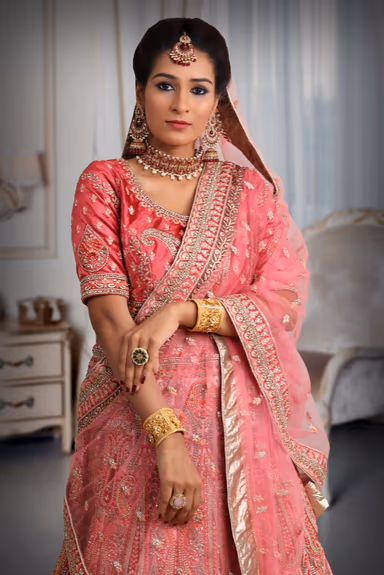 pink Double shade embroidery work lehenga — view 1 of 5