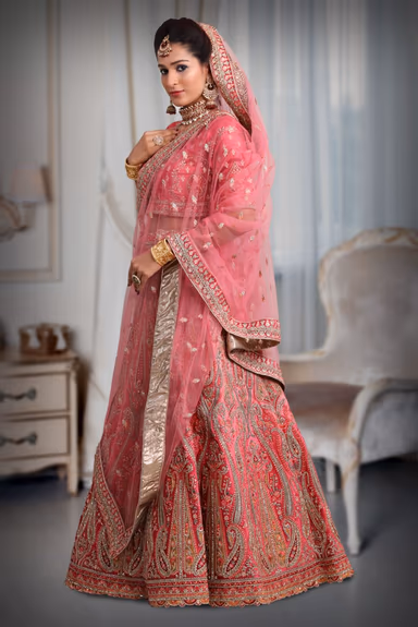 pink Double shade embroidery work lehenga — view 3 of 5