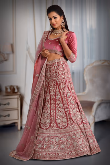 Pink  jarkan stone golden thread work velvet lehenga — view 4 of 5