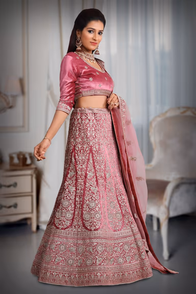 Pink  jarkan stone golden thread work velvet lehenga — view 3 of 5