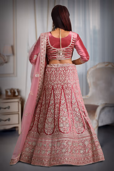 Pink  jarkan stone golden thread work velvet lehenga — view 5 of 5