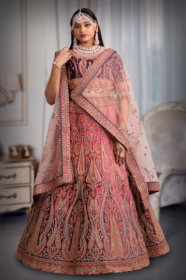 Pink & purple embroidery jarkan work lehenga — view 2 of 5