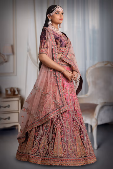 Pink & purple embroidery jarkan work lehenga — view 4 of 5