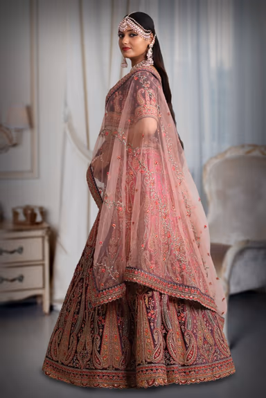 Pink & purple embroidery jarkan work lehenga — view 3 of 5