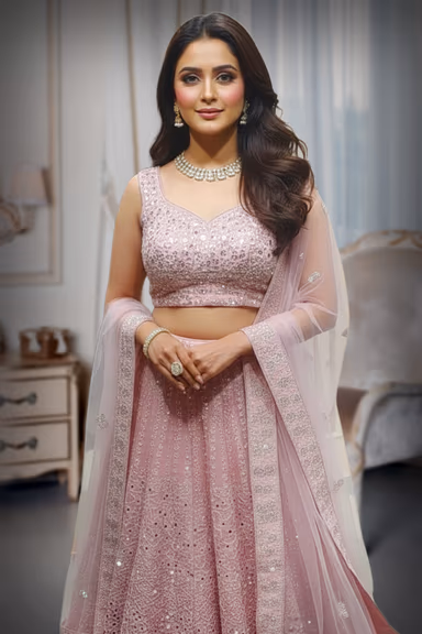 Pink Lehenga , surface embellished with Thread Works and Mirror Works,Along with Worked Dhuppatta — view 1 of 2