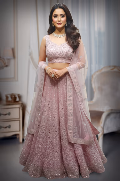 Pink Lehenga , surface embellished with Thread Works and Mirror Works,Along with Worked Dhuppatta — view 2 of 2