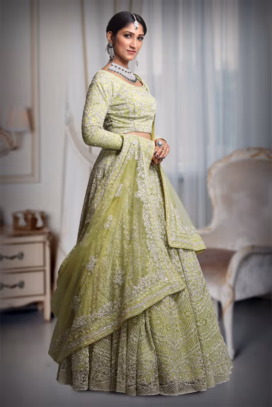Pista green heavy thread work and jarkan stone work lehenga — view 3 of 5