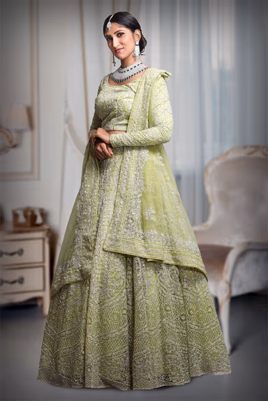 Pista green heavy thread work and jarkan stone work lehenga — view 4 of 5