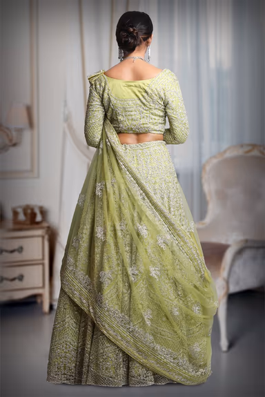 Pista green heavy thread work and jarkan stone work lehenga — view 5 of 5