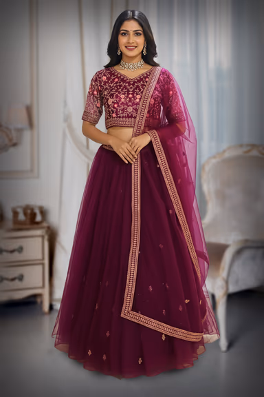 Plum Purple Pre Wedding Gown With Heavy Embroidered Crop Top, Minimal Skirt And Same Color Dupatta — view 2 of 2