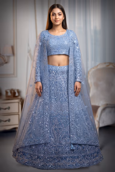 Powder Blue Net Lehenga With Threadwork And Mirror Work Details — view 2 of 4