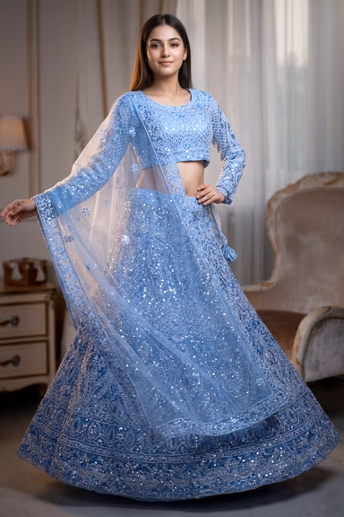 Powder Blue Net Lehenga With Threadwork And Mirror Work Details — view 3 of 4