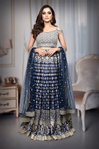 Printed & Embellished Navy Lehenga Choli — view 2 of 2