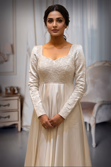 Pristine Off White Satin  A-Line Gown with Intricate Bodice Embroidery — view 1 of 2