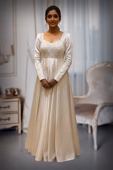 Pristine Off White Satin  A-Line Gown with Intricate Bodice Embroidery — view 2 of 2