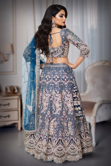 Prussian blue stoned worked lehenga with cold sleeves — view 3 of 3