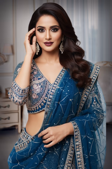 Prussian blue stoned worked lehenga with cold sleeves — view 1 of 3