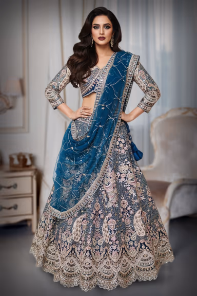 Prussian blue stoned worked lehenga with cold sleeves — view 2 of 3