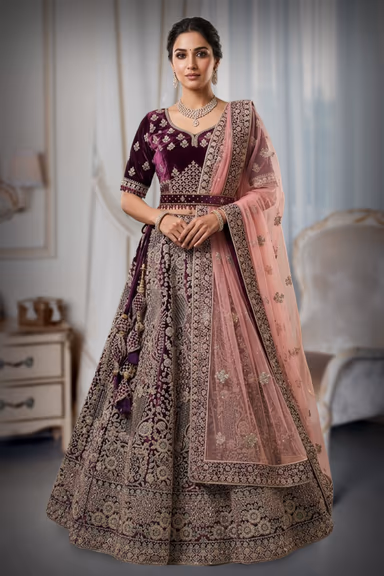 Purple heavy thread worked velvette lehenga with a pink netted dhuppatta — view 2 of 2