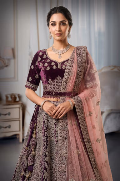 Purple heavy thread worked velvette lehenga with a pink netted dhuppatta — view 1 of 2