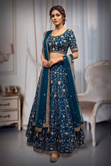 Teal Green Designer lehenga with surface embellished skirt and tops — view 2 of 2