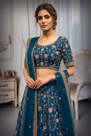 Teal Green Designer lehenga with surface embellished skirt and tops — view 1 of 2