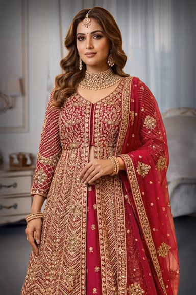 Rani Pink Anarkali Features Intricate Sequin Embellishments Detailed Embroidery And A Matching Sheer Net… — view 1 of 5