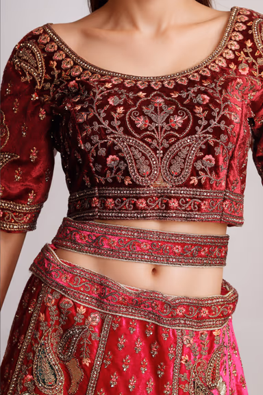 Rani Pink Colour Heavy Embroidery Jarkan Work  Velvet Lehenga — view 4 of 4