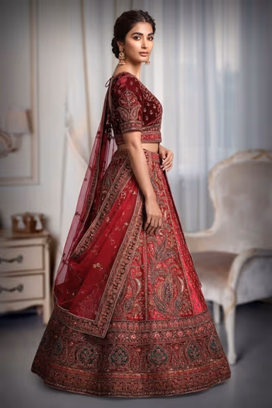 Rani Pink Colour Heavy Embroidery Jarkan Work  Velvet Lehenga — view 3 of 4