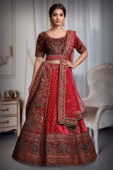 Rani Pink Colour Heavy Embroidery Jarkan Work  Velvet Lehenga — view 2 of 4