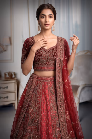 Rani Pink Colour Heavy Embroidery Jarkan Work  Velvet Lehenga — view 1 of 4