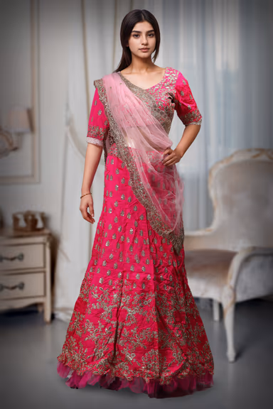 Rani pink Crepe Lehenga With Golden Threadwork Detailing With  Blouse And Baby Pink Colour Dupatta — view 2 of 2