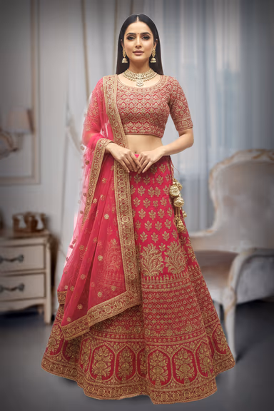 Rani Pink  golden Embroided  Velvette Lehenga  with soft pink Dhuppatta — view 2 of 2