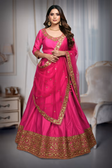 Rani Pink Handworked Bridal Lehenga With Intricate Embroidered Crop Top And Threadworked Dupatta — view 2 of 2