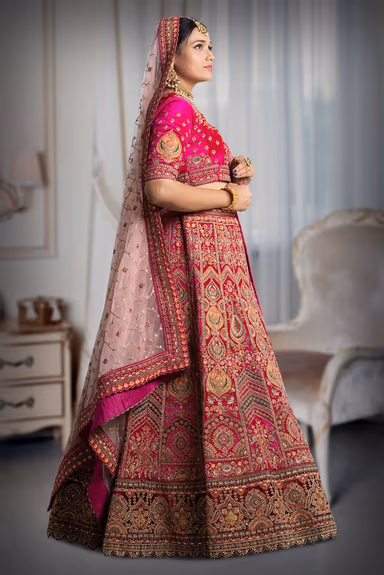 Rani pink lace & embroidery work lehenga — view 4 of 5
