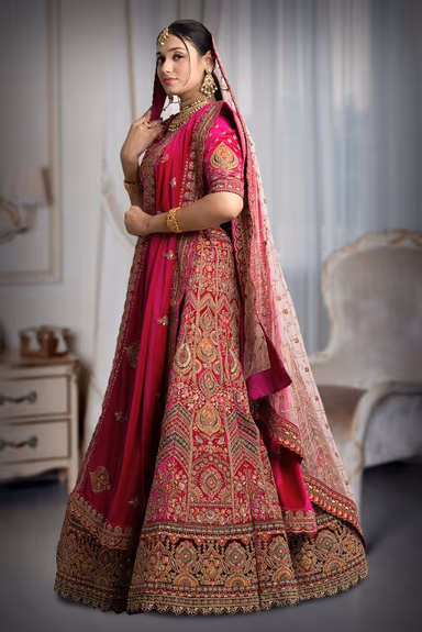 Rani pink lace & embroidery work lehenga — view 3 of 5