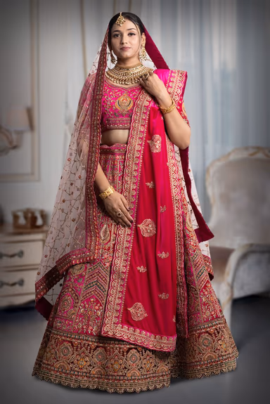 Rani pink lace & embroidery work lehenga — view 2 of 5