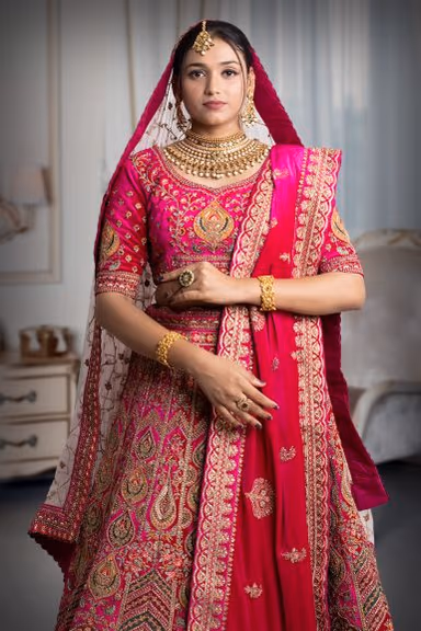 Rani pink lace & embroidery work lehenga — view 1 of 5