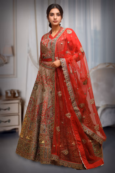 Rani Pink Velvet Lehenga With Golden Embroidered Blouse Along With Multicolor Threadworked Skirt And Same… — view 3 of 5